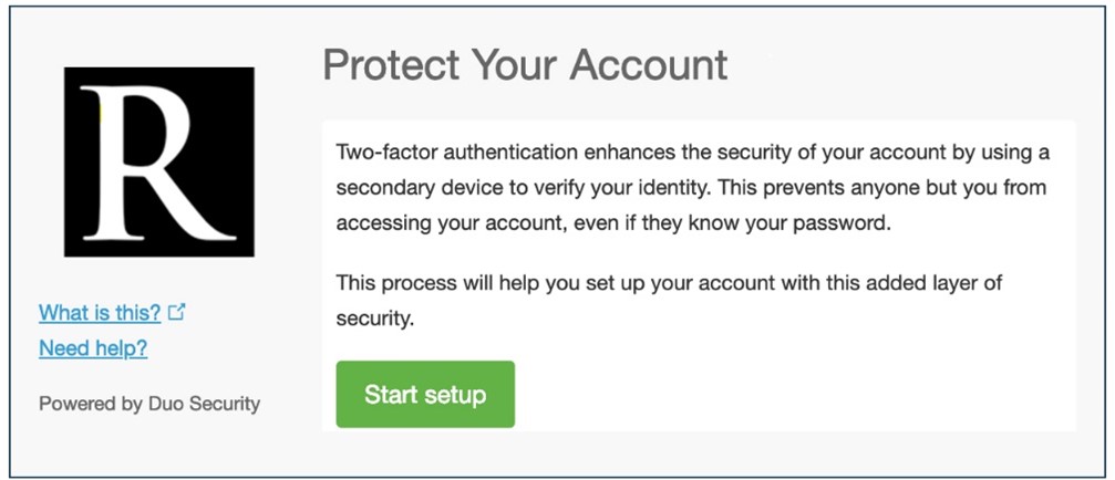 Duo enrollment screen with the Start Setup button.