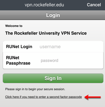 Pulse Secure iOS sign-in screen with the link to enter a second-factor passcode.