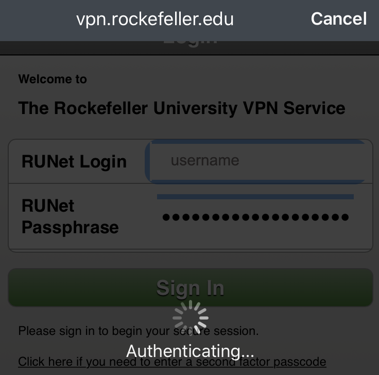 Pulse Secure iOS screen showing an authenticating message while Duo sends a push notification.